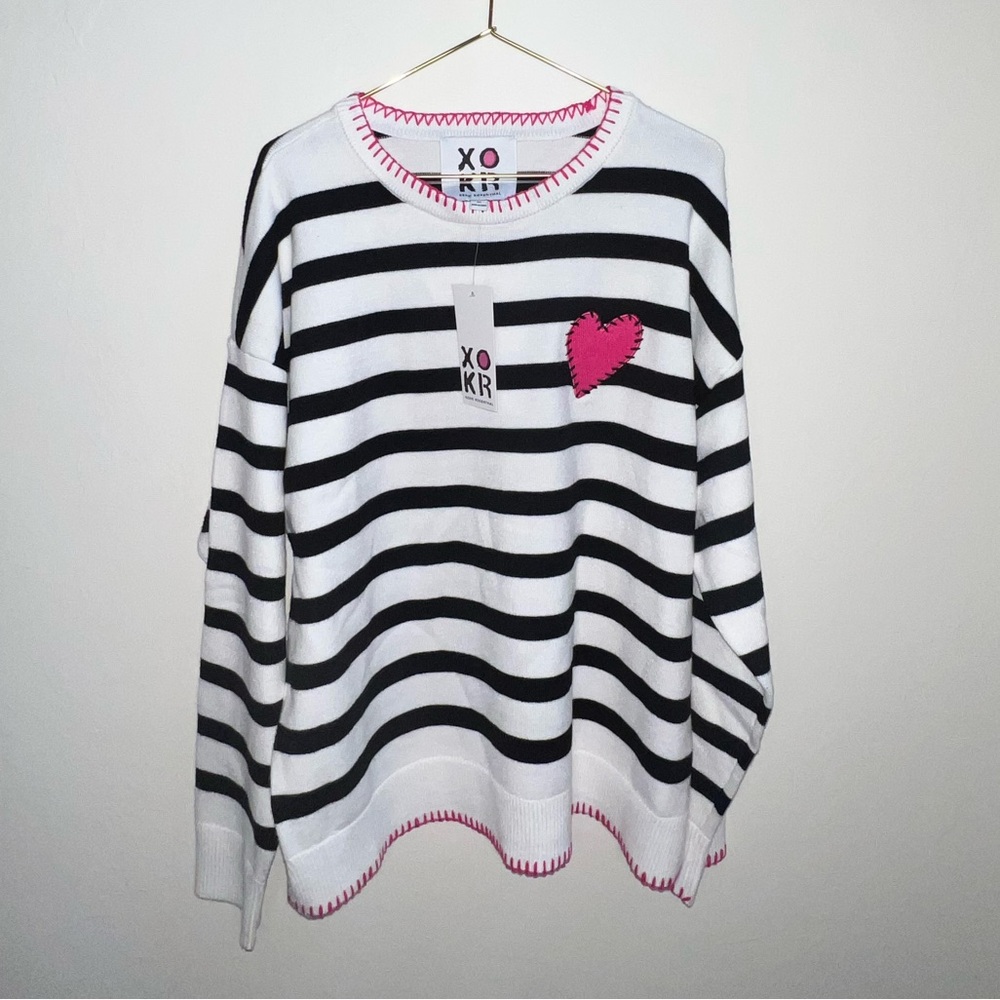 XO KR Women's‎ Striped Sweater with Pink Heart patchwork medium valentines